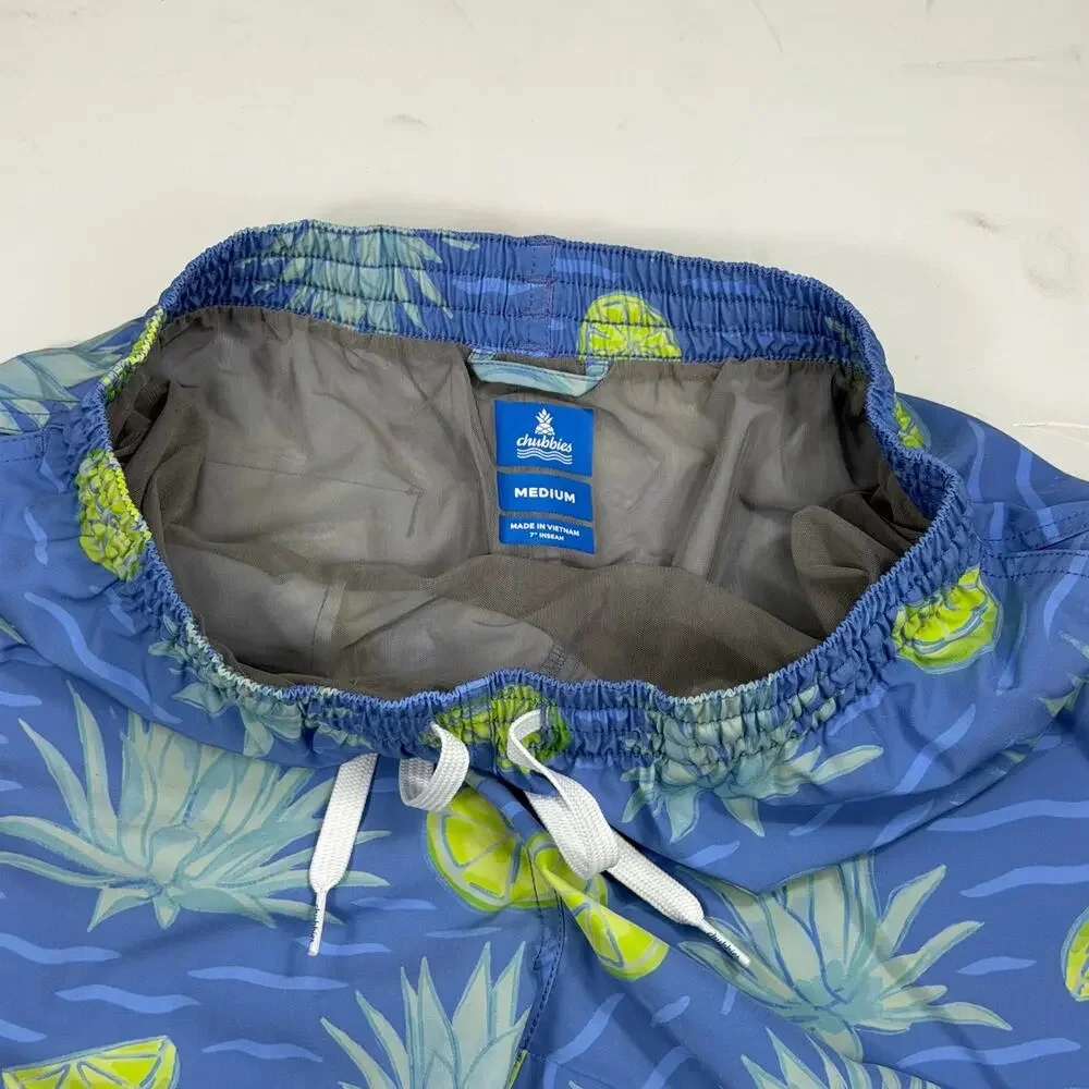 Chubbies The Salt Times Size Medium 7” Inseam Swim Trunks Blue Agave Lime Print